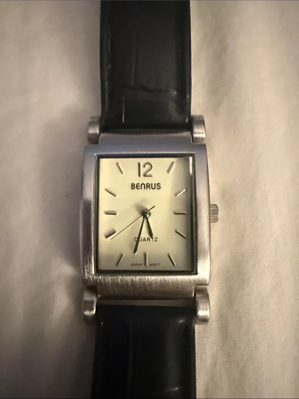 Benrus Quartz Analog Rectangle Stainless Steel Silver Black Leather White Dial